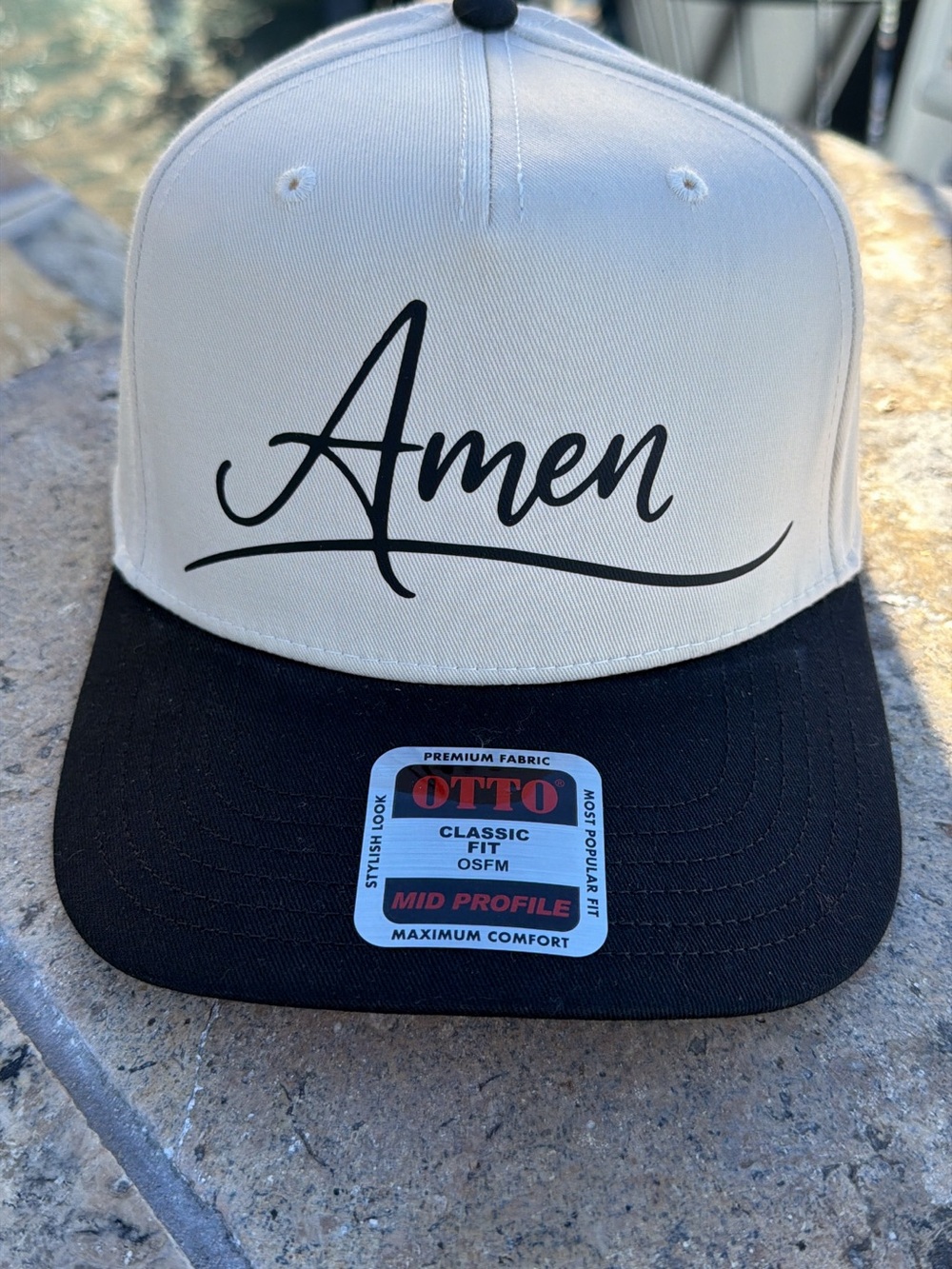 OTTO Two-Tone 'Amen' Script Trucker Hat - Cream & Black